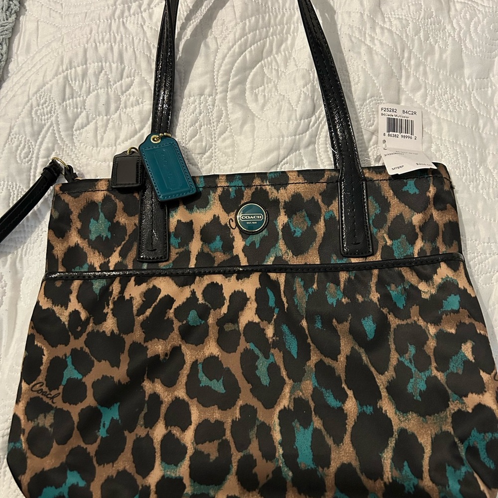 Coach Leopard Print Tote - Black, Brown, Teal